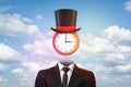 3d rendering of clock used like a head wearing a magicians hat, both hanging above an empty businessman`s suit. Royalty Free Stock Photo