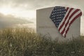 3d rendering of close up American flag laying on grave at the peaceful flower meadow to remember the memorial day Royalty Free Stock Photo