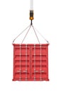 3d rendering of closed red cargo container suspended from crane, isolated on white background.