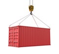 3d rendering of closed red cargo container suspended from crane, isolated on white background.