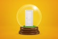 3d rendering of closed white door inside glass ball globe on amber background.