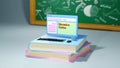 3D Rendering of closeup computer set on books that represents education online concept. Learning through the internet