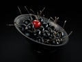 3d Rendering of Closeup of gold and black cherries in a deep plate. clipping path included