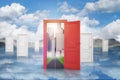 3d rendering of a cloudy space with many identical white doors and a single red door leading to a business district.