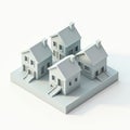 3D rendering of a cluster of four small, modern houses on a white background.