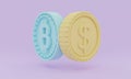 3D Rendering coin with bitcoin symbol vs coin with dollar symbol on purple background concept of cryptocurrency and fiat currency Royalty Free Stock Photo