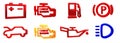 3D rendering. Collection of car dashboard panel indicators, yellow red green blue indicators.