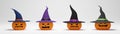 3D rendering. Collection of Halloween pumpkin wearing a witch hat on white background