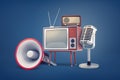 3d rendering of collection of several pieces of vintage equipment: a TV, a radio set, a microphone and a megaphone. Royalty Free Stock Photo