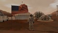 3D rendering. Colony on Mars. Astronaut saluting the American flag. Exploring Mission To Mars. Futuristic Colonization and Space