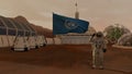 3D rendering. Colony on Mars. Astronaut saluting the UN flag. Exploring Mission To Mars. Futuristic Colonization and Space