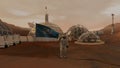 3D rendering. Colony on Mars. Astronaut saluting the UN flag. Exploring Mission To Mars. Futuristic Colonization and Space