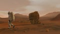 3D rendering. Colony on Mars. Two Astronauts Wearing Space Suit Walking On The Surface Of Mars