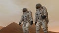 3D rendering. Colony on Mars. Two Astronauts Wearing Space Suit Walking On The Surface Of Mars
