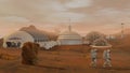 3D rendering. Colony on Mars. Two Astronauts Wearing Space Suit Walking On The Surface Of Mars