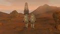 3D rendering. Colony on Mars. Two Astronauts Wearing Space Suit Walking On The Surface Of Mars