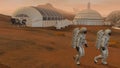 3D rendering. Colony on Mars. Two Astronauts Wearing Space Suit Walking On The Surface Of Mars