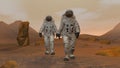 3D rendering. Colony on Mars. Two Astronauts Wearing Space Suit Walking On The Surface Of Mars
