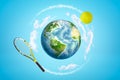3d rendering of colored earth globe with tennis racket and ball on blue sky background