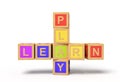 3d rendering of colorful alphabet toy blocks making `LEARN` and `PLAY` signs