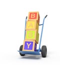 3d rendering of colorful alphabet toy blocks showing `BABY` sign on a hand truck Royalty Free Stock Photo