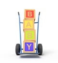 3d rendering of colorful alphabet toy blocks showing `BABY` sign on a hand truck Royalty Free Stock Photo