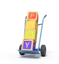 3d rendering of colorful alphabet toy blocks showing `PLAY` sign on a hand truck