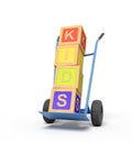 3d rendering of colorful alphabet toy blocks showing `PLAY` sign on a hand truck