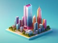 nice 3d render illustration of colorful tallest buildings isolated on gradient background.