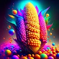 3d rendering of a colorful corn on a colorful background with bubbles generative AI