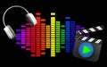 3D rendering of colorful digital equalizer bar and headphones, wave pattern of music sound, Audio signal visualization signal