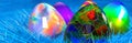 3D rendering of a colorful Easter egg banner. Eggs made of glass and iridescent reflective materials