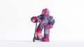3d rendering, colorful hairy beast Yeti stands near the scooter vehicle, furry monster cartoon character. Fluffy toy isolated on