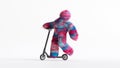 3d rendering, colorful hairy Yeti monster riding scooter vehicle, furry beast cartoon character. Speed concept. Fluffy toy