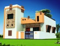 3D rendering of a compact house with orange design components