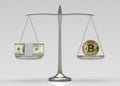 3d rendering. Comparison of US dollars currency and crypto bitcoin on balance scale