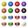 3d rendering of a complete set of billiard balls in front view with different colors and numbers.