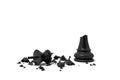 3d rendering of a completely broken black chess king lies in rubble on a white background.