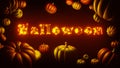 3D rendering composition with fiery letters and pumpkins around