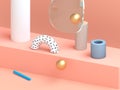 3d rendering composition of geometry shapes: cube, cylinder, sphere . Minimalistic illustration in pastel color palette.