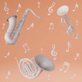 3D rendering of compositions with musical instruments. The illustration shows a bass trumpet, saxophone, and French horn