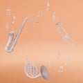 3D rendering of compositions with musical instruments. The illustration shows a bass trumpet, saxophone, and French horn