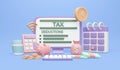 3D Rendering of computer with tax and deduction filling form online with calendar and calculator