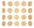 Cryptocurrency symbols on coins rotate inmany angles on white background