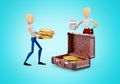3d rendering concept family collects money in suitcase on blue background with shadow