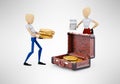 3d rendering concept family collects money in suitcase on gray background with shadow