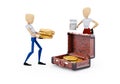 3d rendering concept family collects money in suitcase on white background with shadow