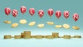 3D Rendering stack of coins balloons with text INFLATION taking coins up on the air on background