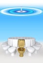 3D rendering concept golden and white toilet seats in blue water