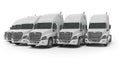 3d rendering of concept of group of white trucks for long distance trucking side view on white background with shadow